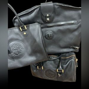 RARE Vintage Versace Black on Black Leather Medusa Travel / Garment / Suit Bag
